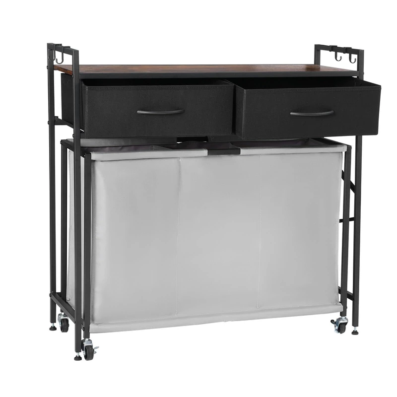 VEVOR 3 Section Laundry Sorter, Rolling Laundry Hamper with 2 Drawers, Hooks & Wheels, Rolling Basket Organizer Storage with Pull-Out Rolling Bags and Wooden Tabletop for Dirty Clothes, Bathroom