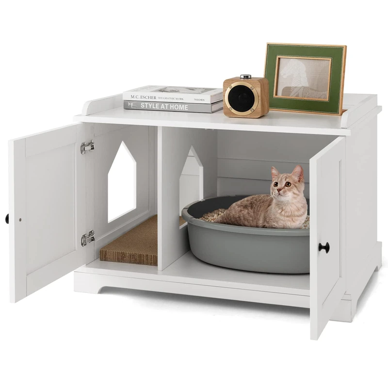 FANTASK Cat House with Scratching Board, Double Doors & Entrance, Cat Litter Box with Adjustable Divider, Side Table, Cat Litter Tray for Cats Dogs Pets (White)