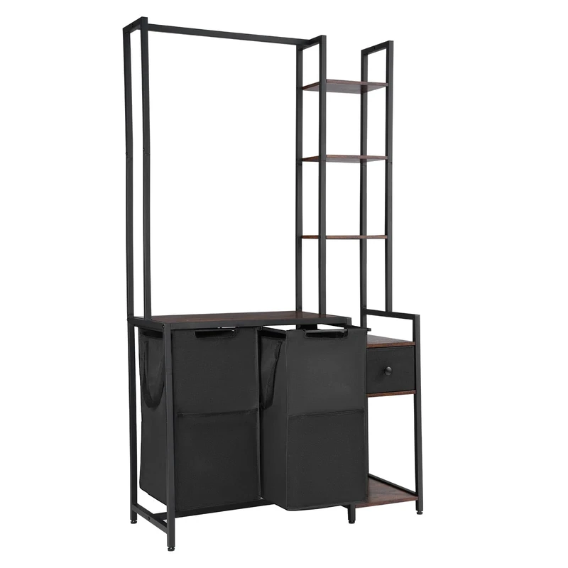 VEVOR 3 Tiers Laundry Sorter with Rack, Tall Laundry Hamper with Shelves and Drawers, 2 Section Freestanding Hanging Rack Storage with 600D Oxford Cloth Bags and Ladder Shelves for Dirty Clothes