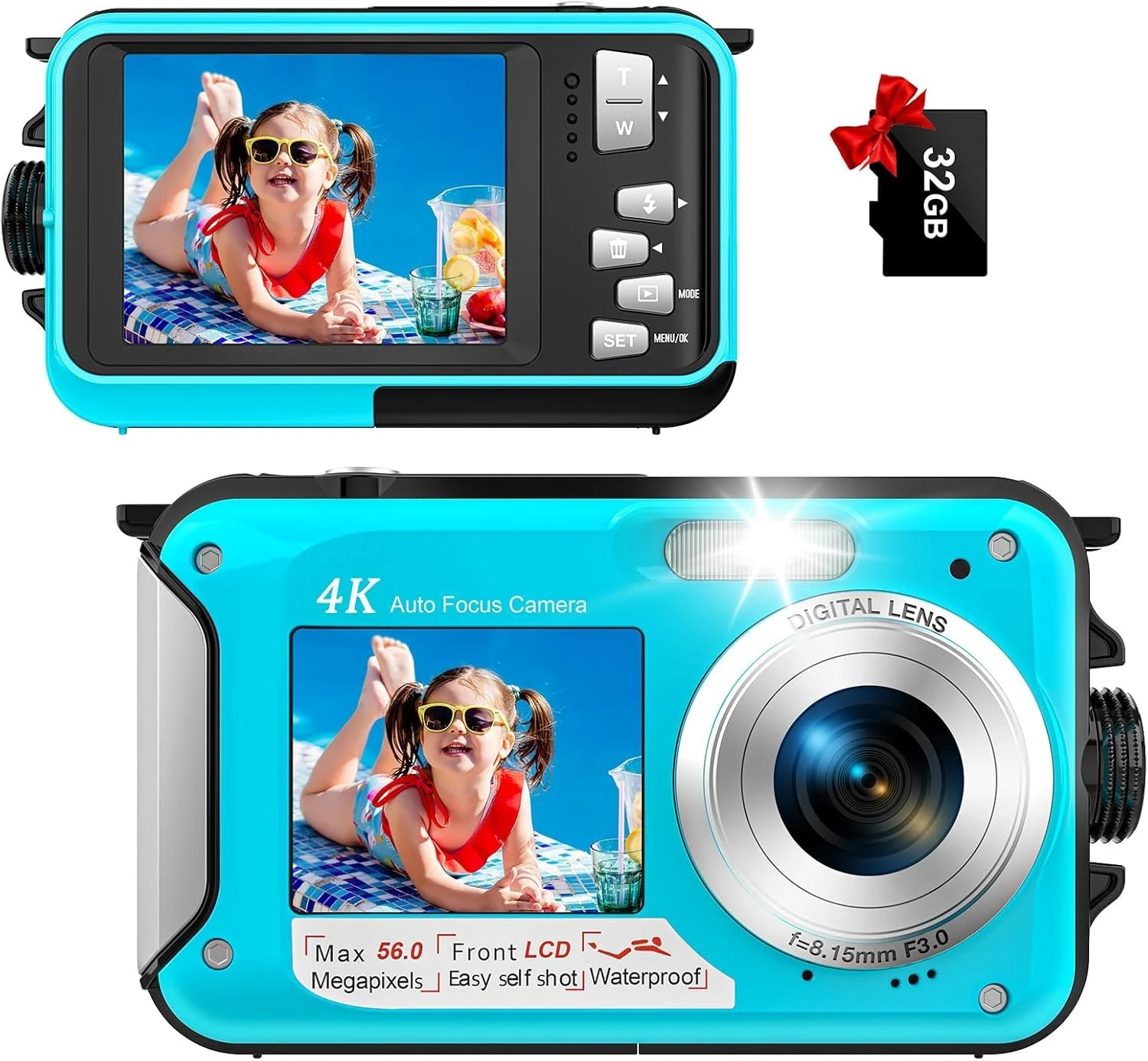 Digital Camera, Yisenc 4K Underwater Camera, 64 MP Auto Focus 16 ft Digital Camera Waterproof with 32 GB Card, Dual Screen Selfie 1250 mAh Battery, 16 x Floating Digital for Snorkelling