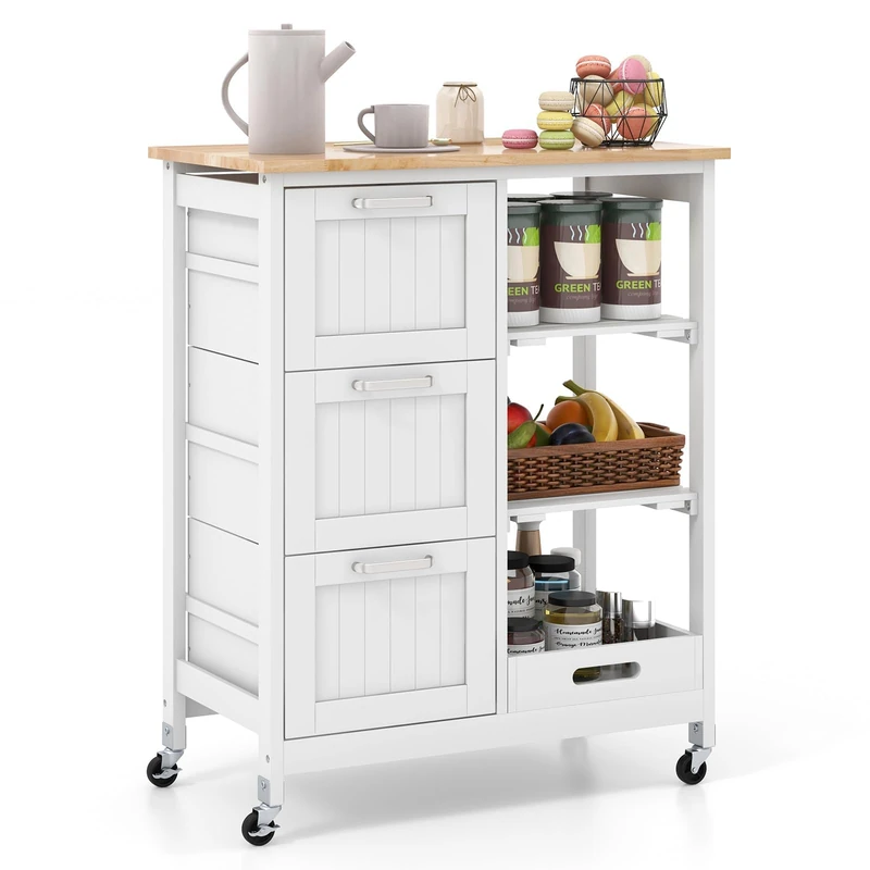 FANTASK Kitchen Cabinet with 3 Large Drawers, Tray & 2 Levels Storage Shelf, Kitchen Island, Serving Trolley Rollable, Kitchen Trolley Made of Rubber Wood, 67 x 37 x 82.5 cm