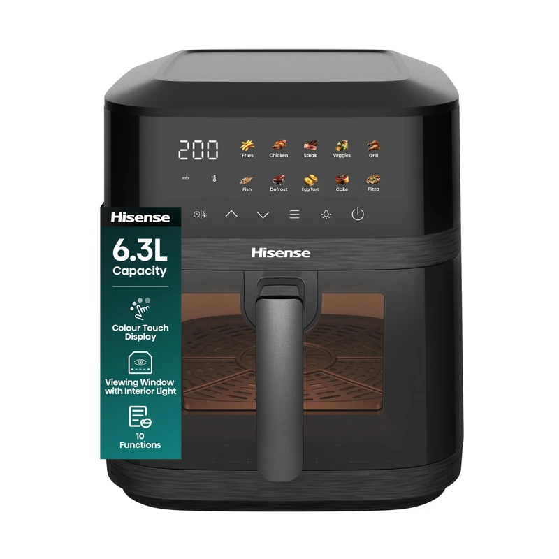 Hisense 6.3L Air Fryer - 1800W Energy-Saving Colour Touch Display Cooker with 10 Cooking Functions - Fries, Chicken, Steak, Veggies, Grill, Fish, Defrost, Egg tart, Cake,Pizza