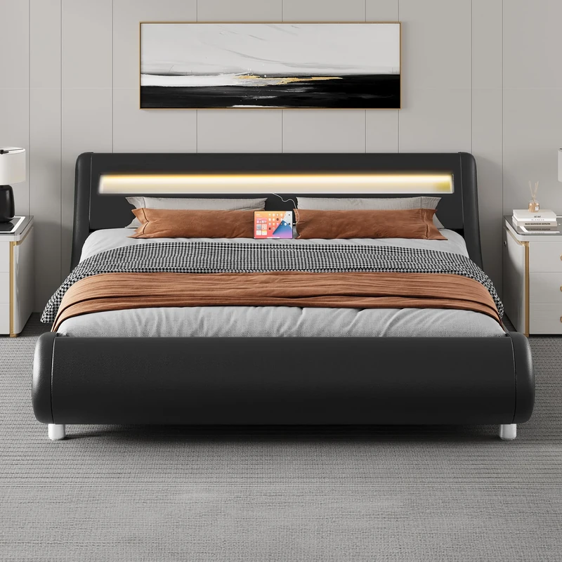 YITAHOME King Bed Frame with Ergonomic Headboard,Upholstered Led with Lights & Storage Charging Station,Platform with Pu Leather/No Box Spring Needed,Black