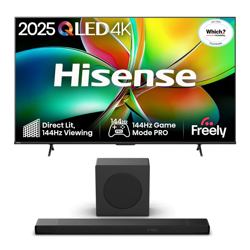 Hisense TV & Soundbar Bundle: 65E78QTUK PRO QLED TV plus the AX3120Q Soundbar – an entertainment upgrade with balanced visuals and audio power.