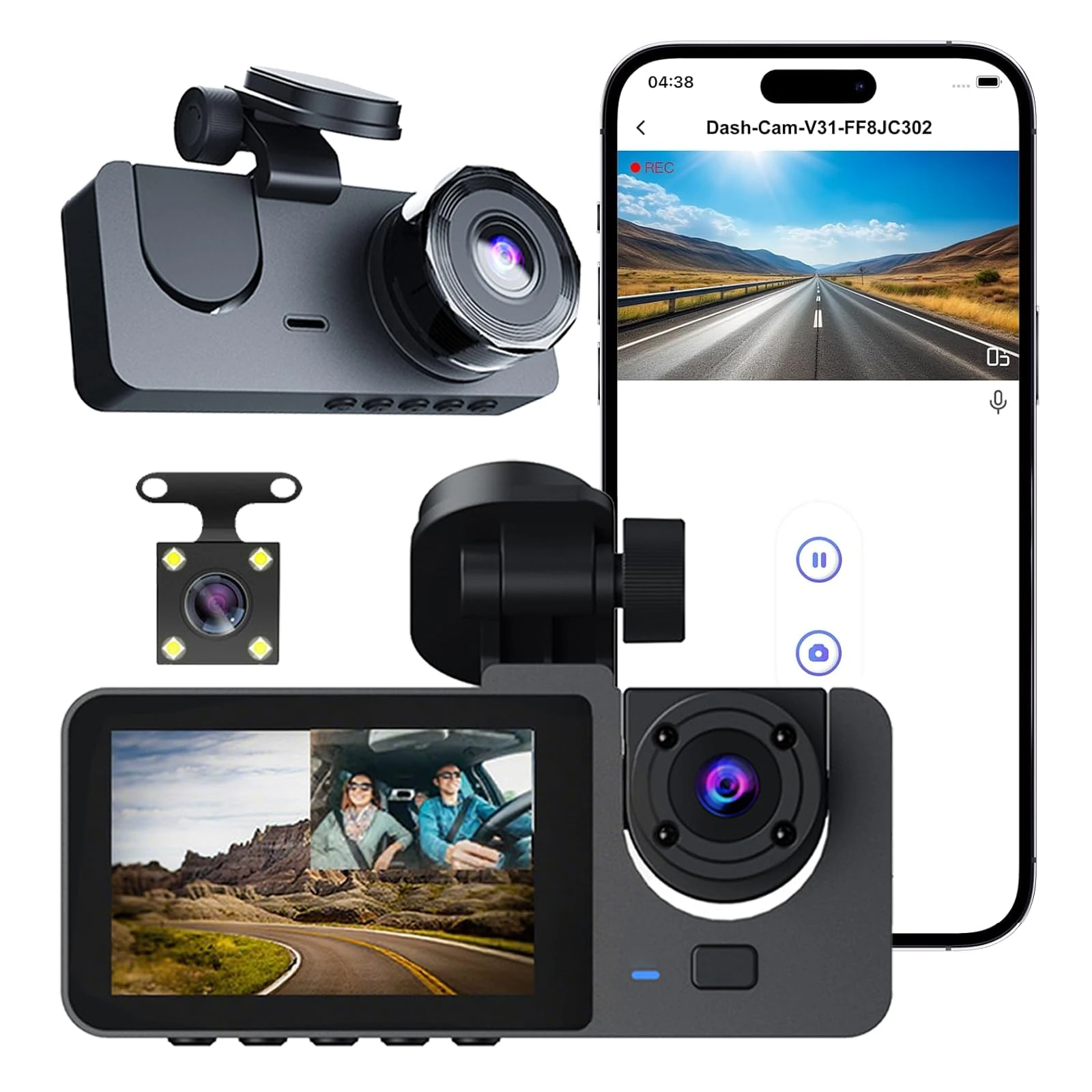 Triple Lens Dash Cam WiFi 1080P, Car Camera Front Inside Rear, Super Night Vision, 24H Parking Monitor, Dashcam with Loop Recording, App Control, Easy Installation with Mount