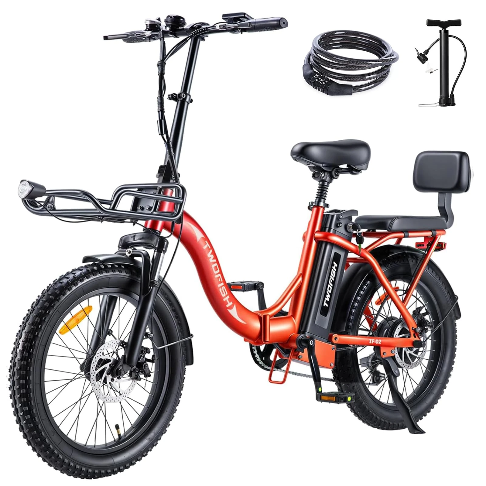 TWOFISH Electric Bike for Adults, Folding Electric Bicycle with 36V 17.8AH Removable Battery, 20"x 3.0" Tire, Disc Brakes, LED Display, Dual Seat, Up to 100km Range, TF-02 (Orange)