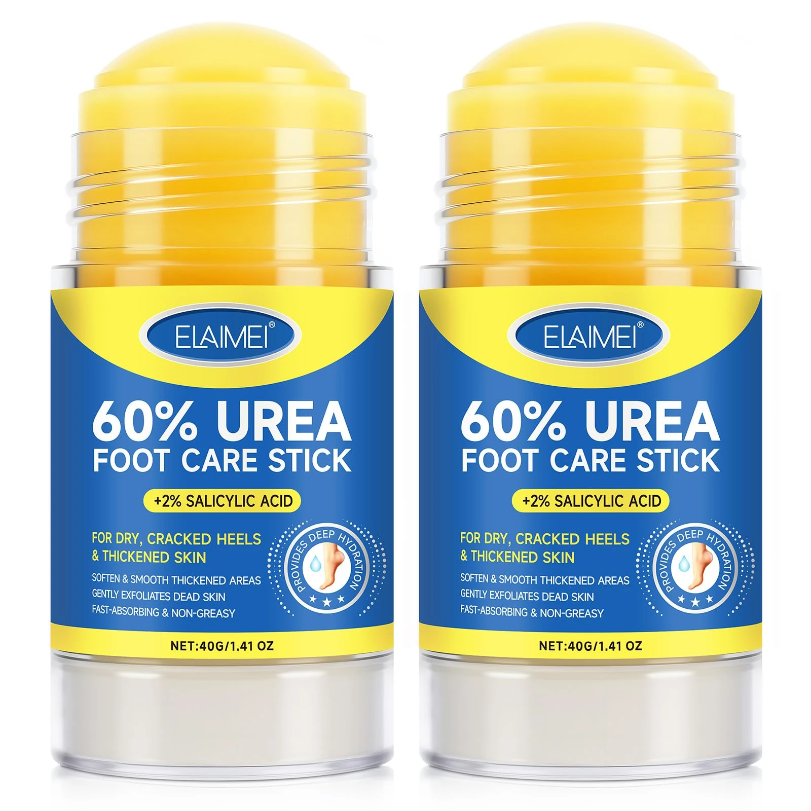 60% Urea Cream with 2% Salicylic Acid, Urea Foot Cream Stick for Cracked Heels, Calluses and Rough Skin, Portable Foot Balm Stick No-Mess Applicator,40 g X 2 Pack