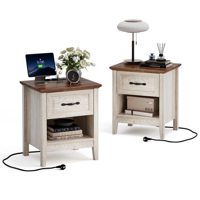 LINSY HOME Set of 2 Farmhouse Wooden Bedside Tables with Open Storage Shelf, Bedside Tables with Socket, Side Table, End Table for Bedroom, Living Room, Sofa, Couch, Office, 48 x 40 x 53 cm, Beige