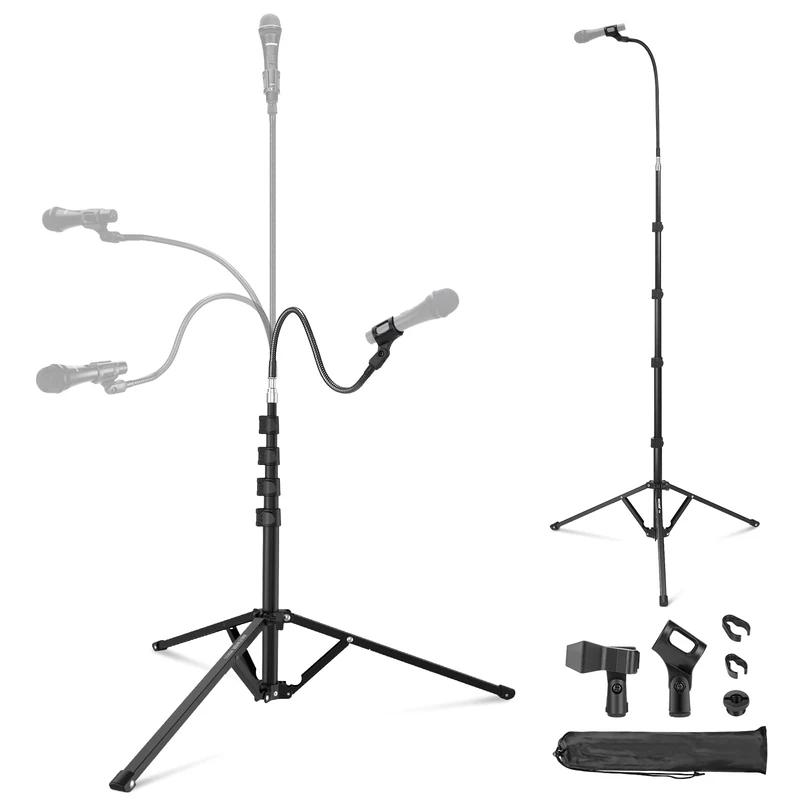NEEWER Microphone Stand with Flexible Arm, Boom Arm Mic Floor Tripod Mount Holder with Mic Clips, 3/8" to 5/8" Adapter, Cable Clips for Singing Vlogging Live Streaming Video Recording, Max Load, MS010