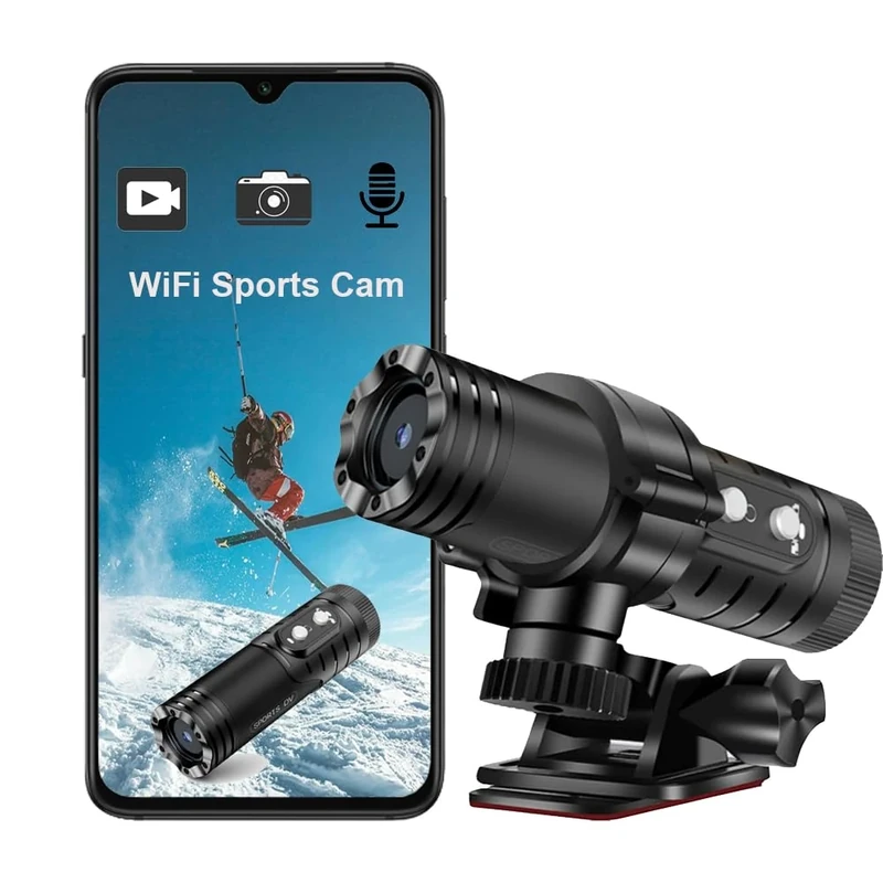 Winnes WiFi Helmet Camera 120° Wide Angle HD 1080P Bike Motorcycle Helmet Action Camera, EIS Stabilization Sports Camera Video Recorder IP66 Waterproof Action Camera for Climbing Riding Skiing