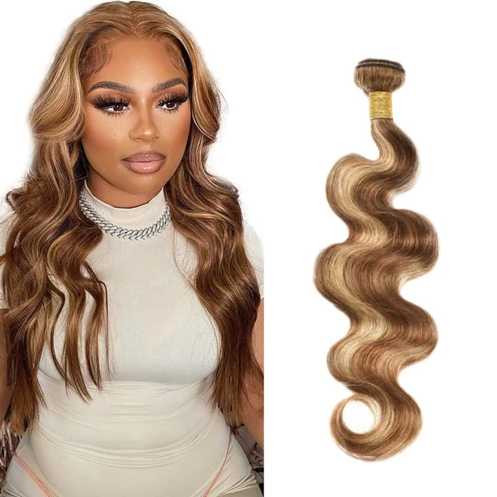 Zeslaerr Human Hair Bundles P4/27 Highlight Blonde Color Soft and Smooth With Minimal Shedding Body Wave Human Hair Extension Single Bundle Total 100g 24 Inch