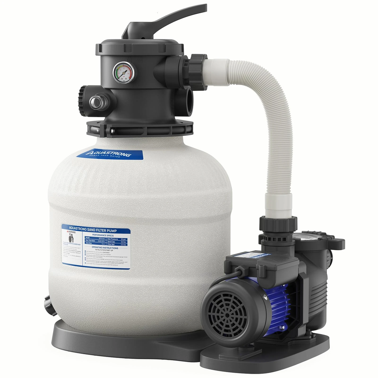 AQUASTRONG 14in Sand Filter Pump for Above Ground Pool, 2/3 HP Pool Pumps Above Ground 3000 GPH for Pools up to 13000 GAL, Pool Filter with 6-Way Valve, Improved Circulation and Filtration
