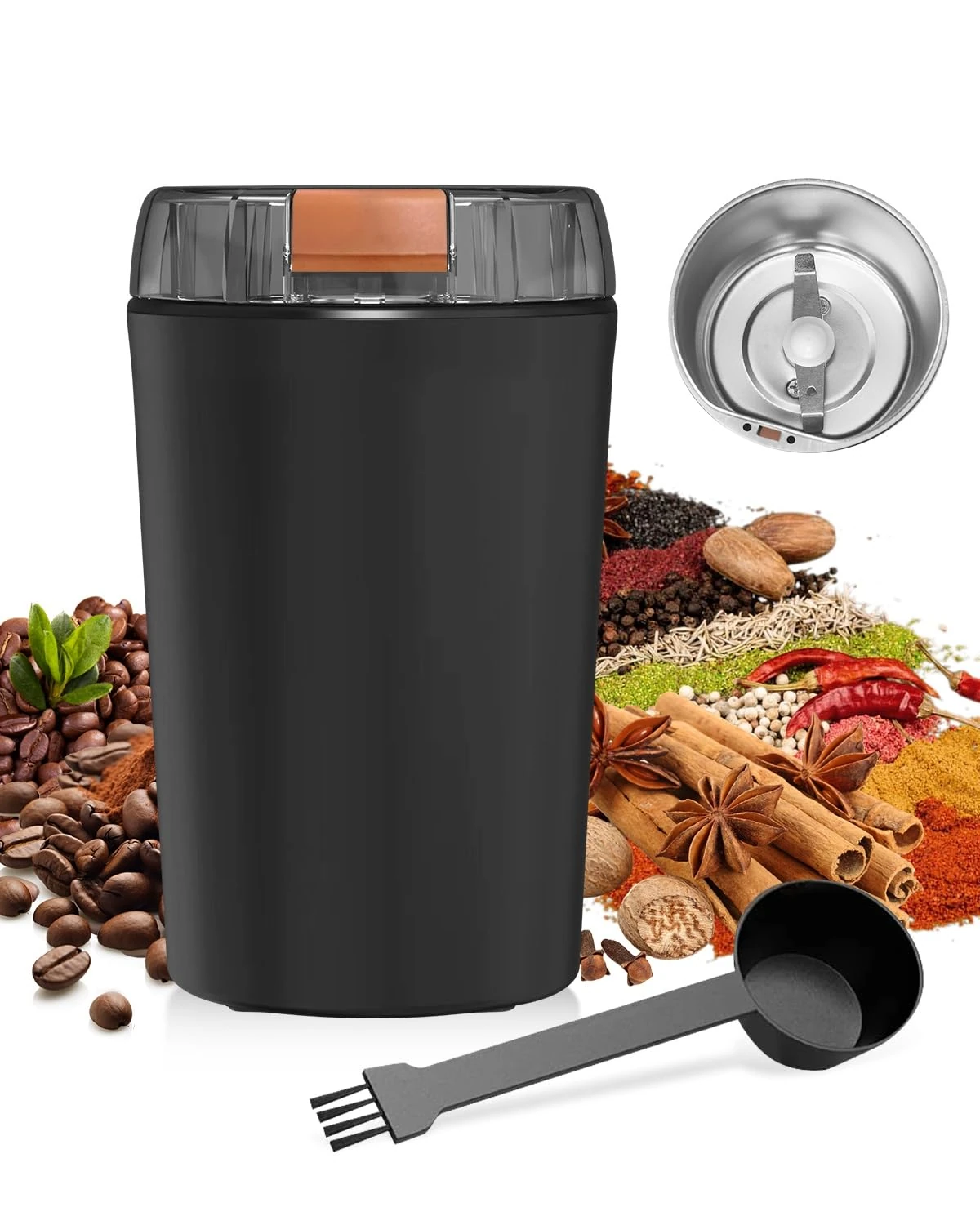 Powerful Electric Coffee Grinder, Coffee Bean Grinder for Espresso Beans, Nuts & Grains, Compact Design, 80g Basin, One-Touch Safety & Easy Use 304 Stainless Steel Nut Grinder with Cleaning Brush