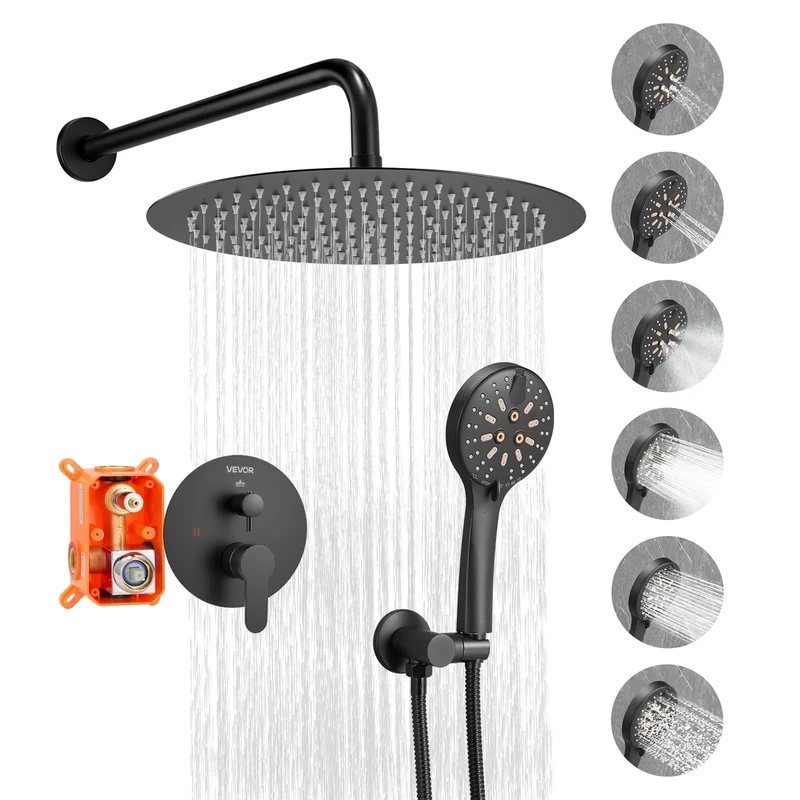 VEVOR Shower Faucet Set, Rainfall Bathroom Shower System with 12-Inch (30.5cm) Round Rain Shower Head and Handheld Spray, Wall Mounted Bath Fixtures with Brass Valve and Trim Kit, Matte Black