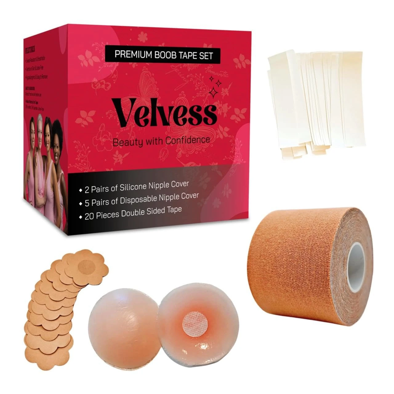 Velvess Premium Boob Tape Set Breast Lift Tape with 2 Silicone Nipple Covers, 5 Disposable Nipple Covers & 20 Double-Sided Tapes Invisible, Waterproof, Skin-Friendly Body Tape for All Skin Tones