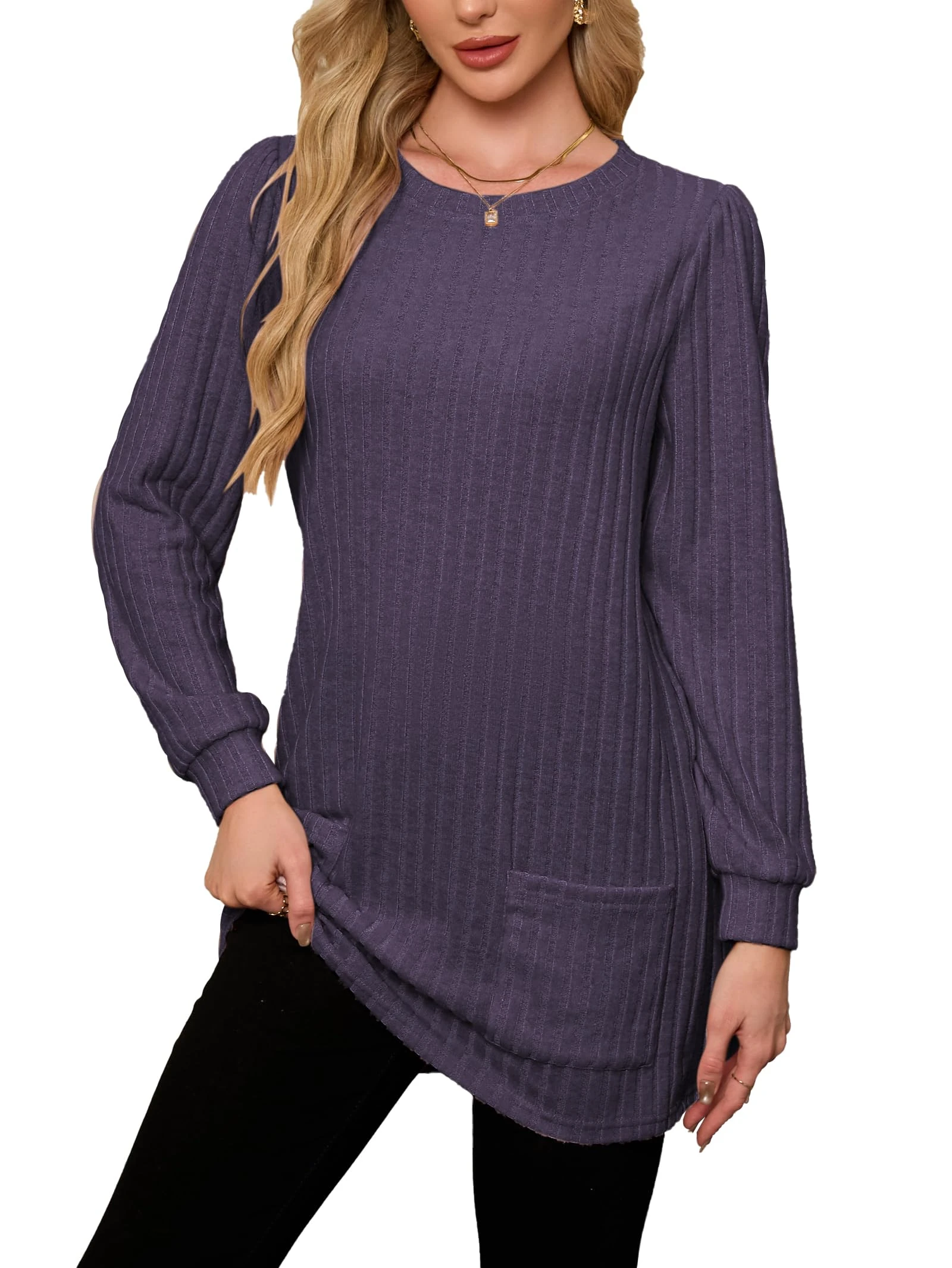 Famulily Women Casual T Shirts Long Sleeve Flattering Sweater Covered Hip Tunic Tops Cosy Loose Sweatshirt Purple S