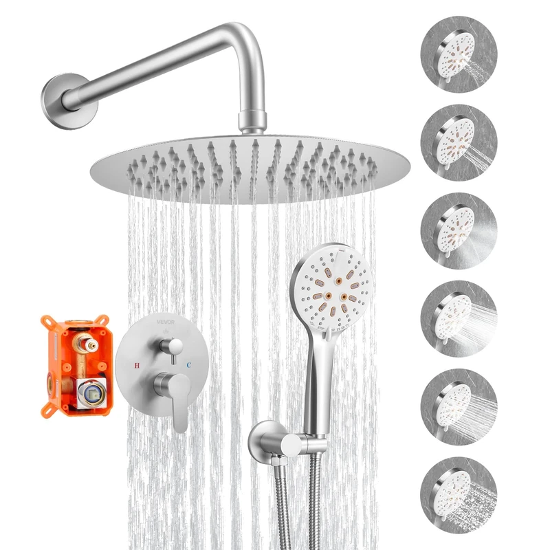 VEVOR Shower Faucet Set, Rainfall Bathroom Shower System with 10-Inch (25.4cm) Round Rain Shower Head and Handheld Spray, Wall Mounted Bath Fixtures with Brass Valve and Trim Kit, Brushed Nickel