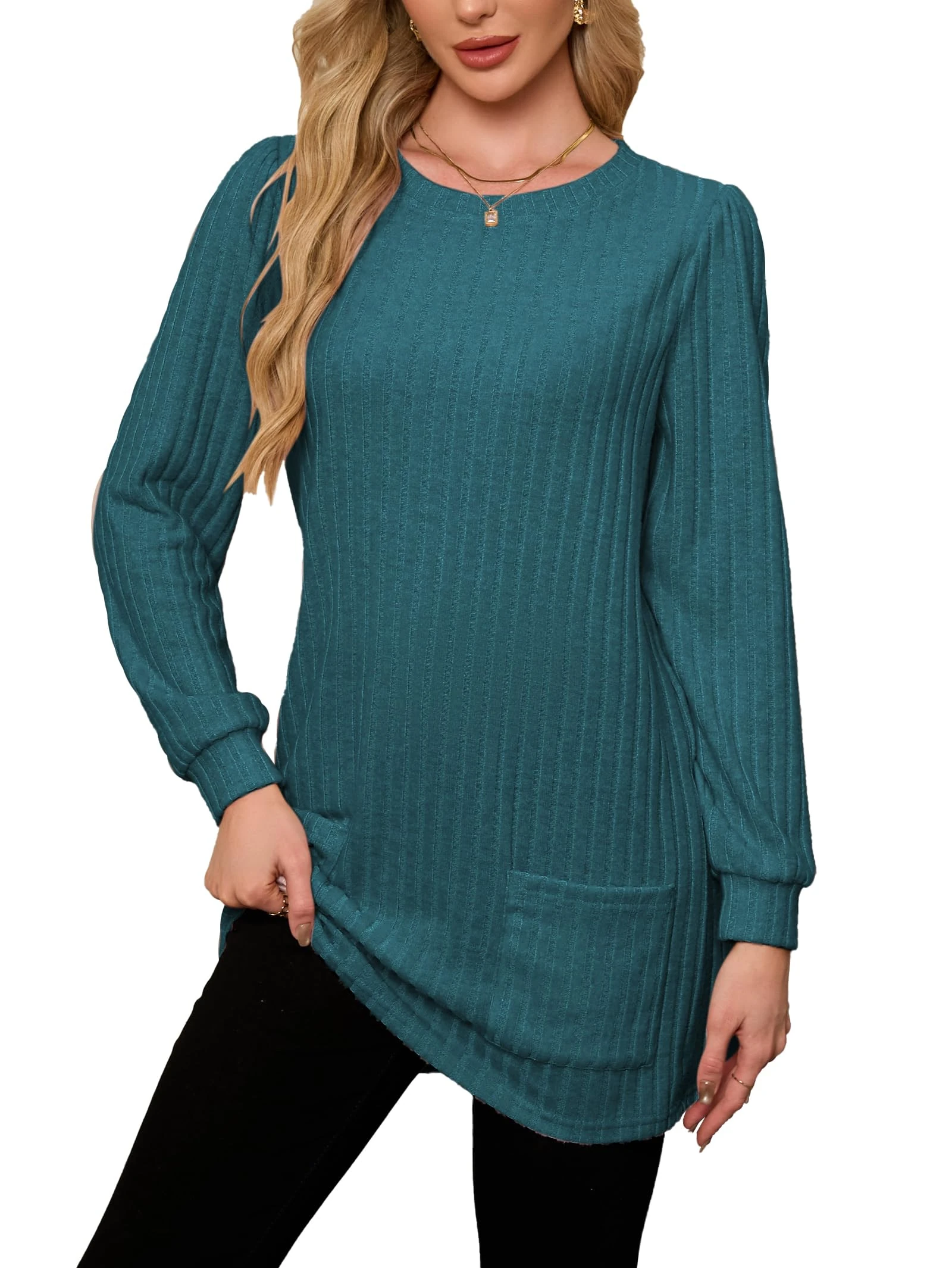 Famulily Jumpers for Women UK Crew Neck Long Sleeve Sweater Cover Hip Tunic Tops to Wear with Leggings Turquoise S