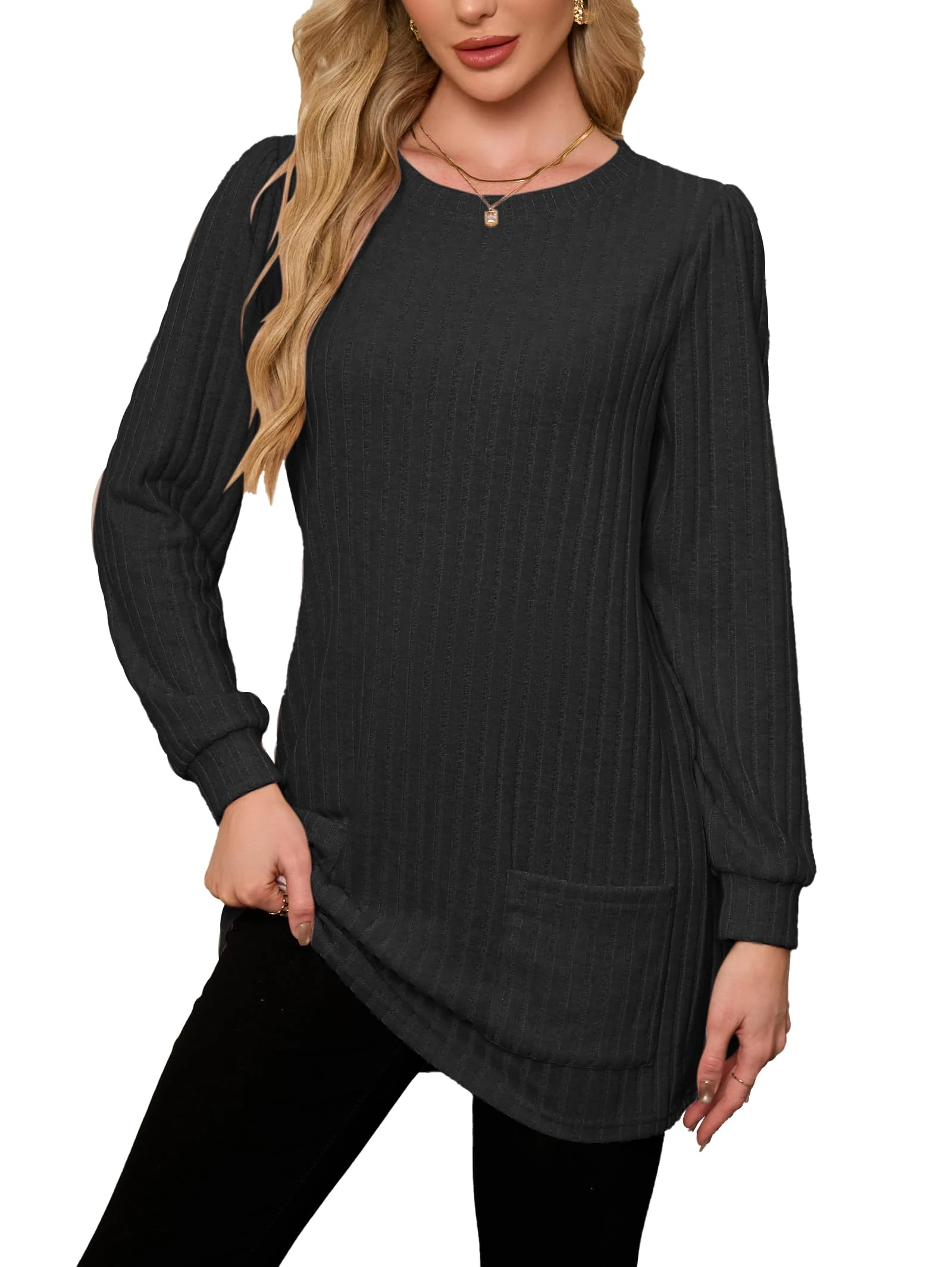Famulily Ladies Long Tunic Tops Crew Neck Ribbed Sweater Dressy Trendy Blouse Women Pullover with Pockets Black M