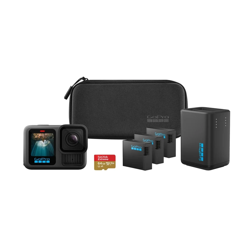 GoPro HERO13 Black Extended Power Bundle - Includes Dual Battery Charger, 3 Enduro Batteries, 64GB microSD Card, Curved Adhesive Mount, and Camera Case