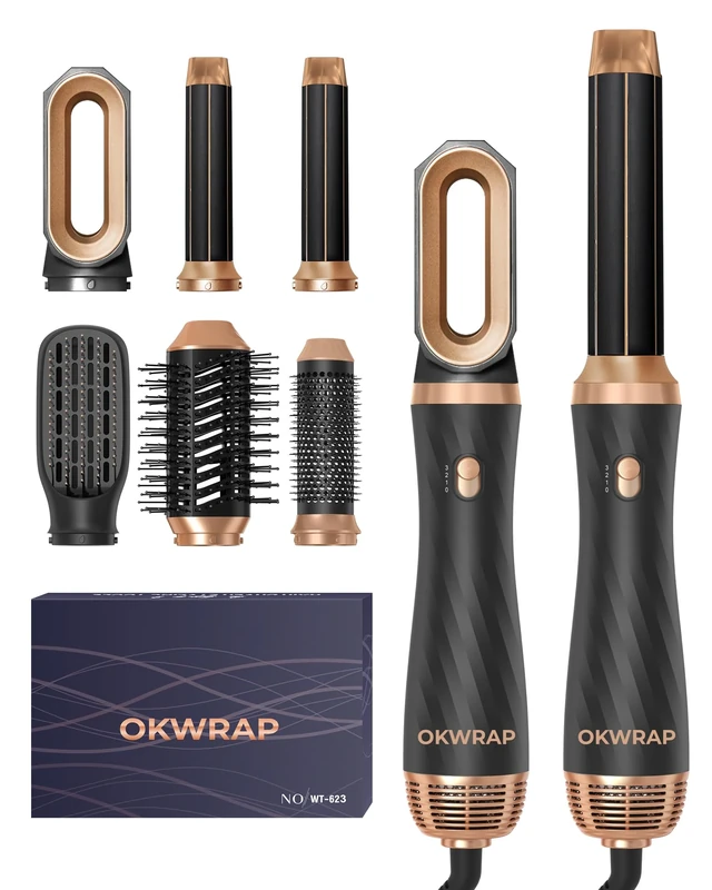 Airbrush Magic Styler OKWRAP Airstyler Set Hair Styler 6 in 1 Hair Dryer Brush with Curl, Straighten, Volumise, Smooth and Hairdryer Brushes for Styling, Hot Hair Styler for All Hair Type/Length