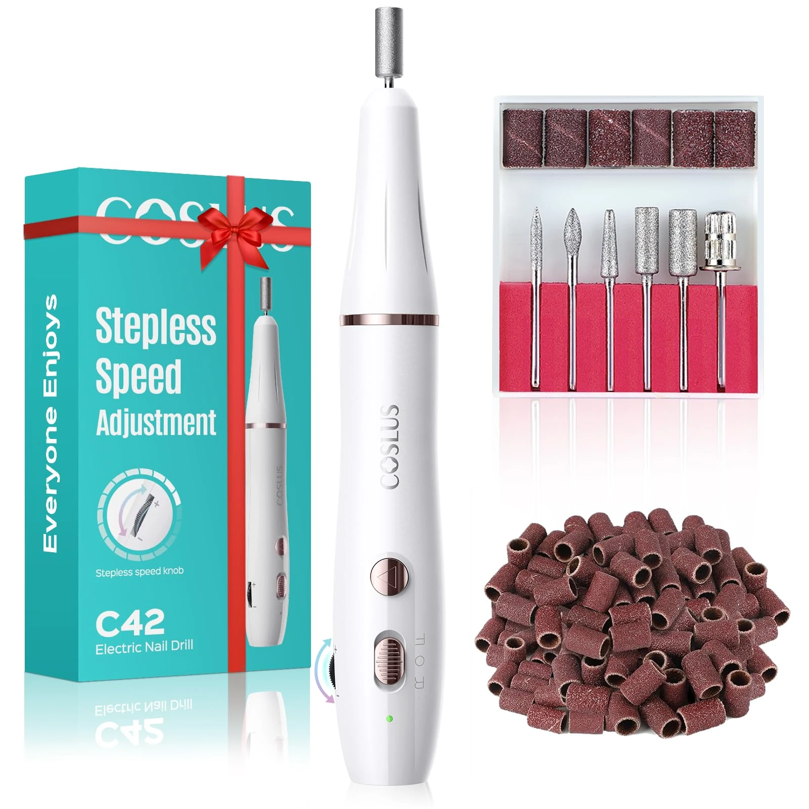 COSLUS Cordless Electric Nail Drill File: Rechargeable Nail Drill Machine with Stepless Speed Knob - Professional Efile with Manicure Pedicure Set for Acrylic Gel Nails - Home Care Beauty Salon-White