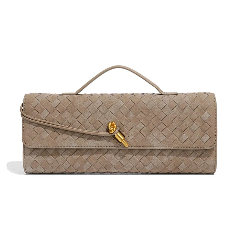 JYG Suede Woven Handbag for Women Trendy Evening Shoulder Bag Casual Clutch Purse Crossbody Satchel with Metal Buckle 2025, Khaki
