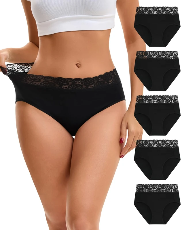 INNERSY Black Underwear Women Lace Knickers High Waist Cotton Pants Soft Ladies Briefs Pack of 5 (14, 5 Classic Black)