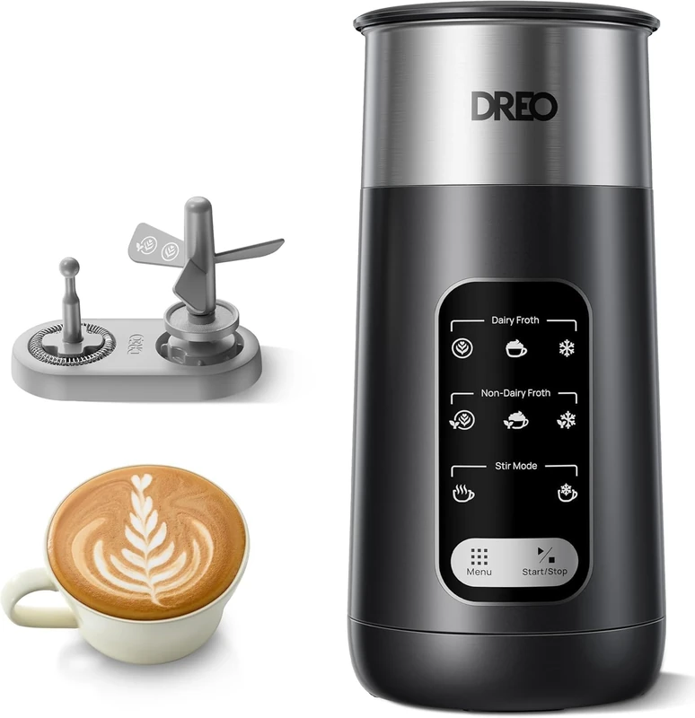 DREO Milk Frother [Upgraded], 8-in-1 Electric Milk Frother, 435ml Silent Milk Steamer & Hot Chocolate Maker, 45dB Stainless Steel Automatic Foam Frother for Latte Art-Level Microfoam, Coffee, LED