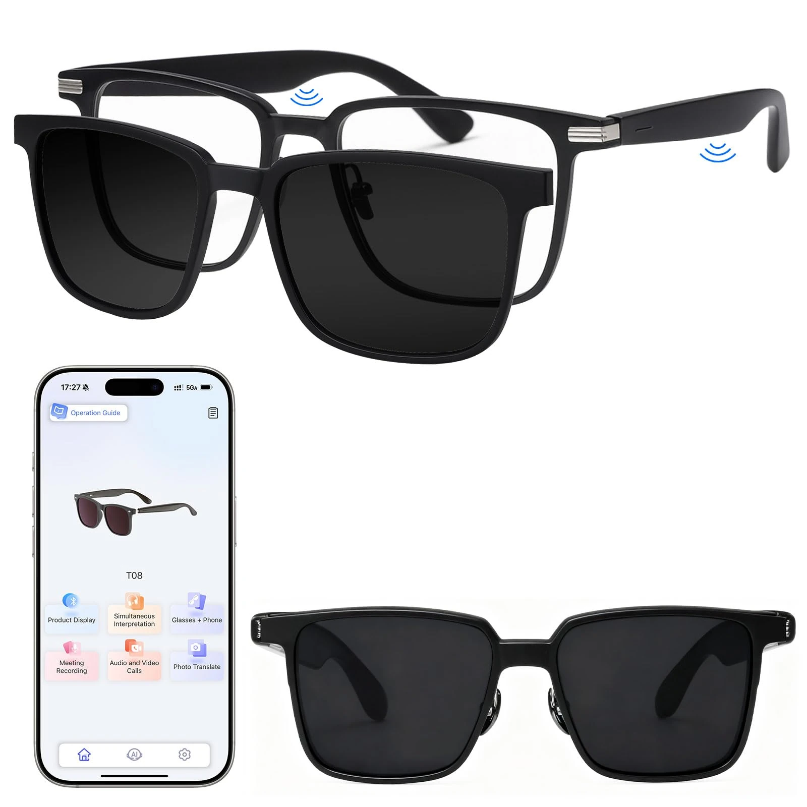 Yaskyly Smart Glasses with AI Translation for Men Women, 5.4 Bluetooth Music Glasses with Real-Time Translator for 134 Languages, Anti-Blue Light/UV400 Lenses, Open-Ear Clear Sound, Remote Photography