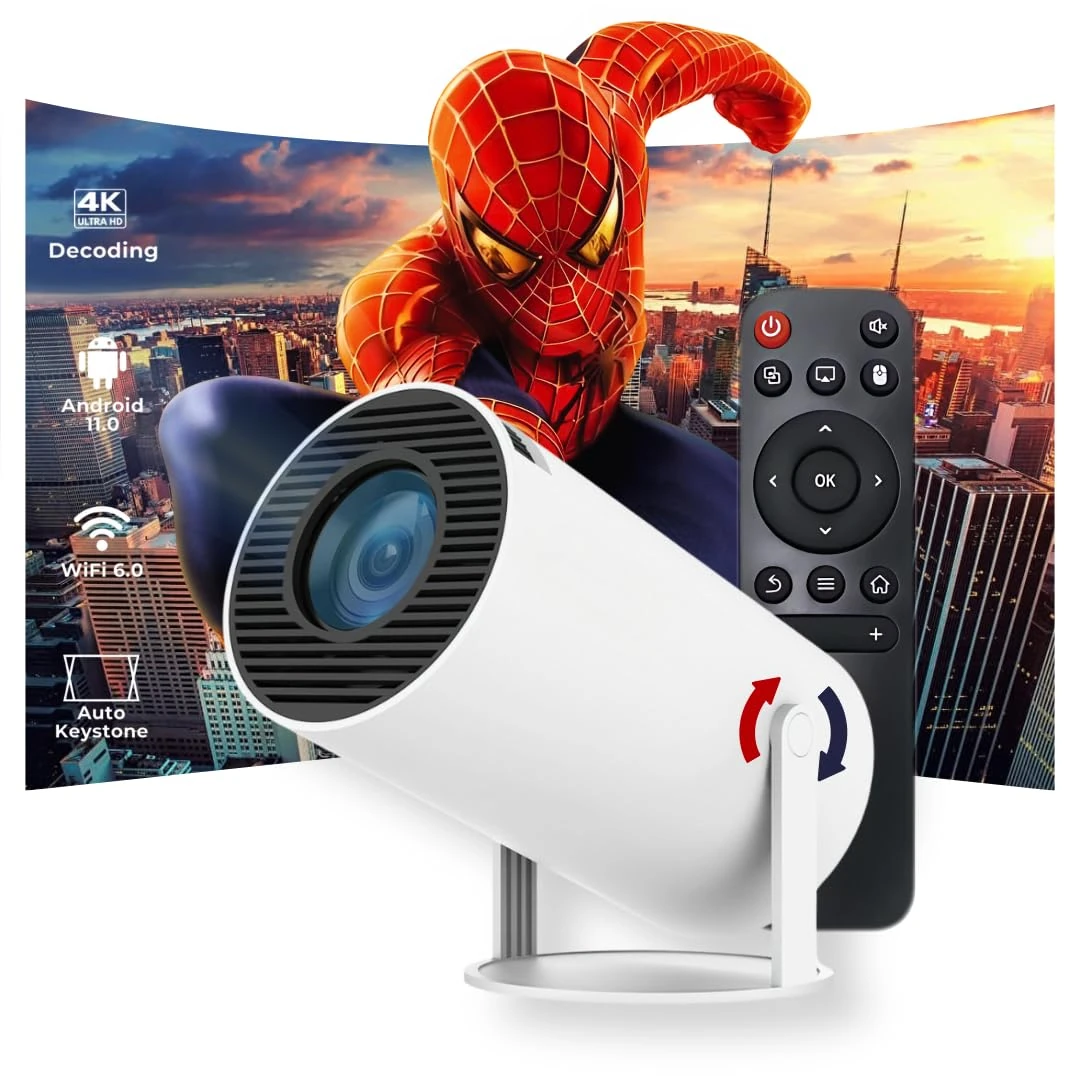 2025 OptiZen Mini Projector, 720p HD & 4K Support, Portable Projector with WiFi 6 & Bluetooth 5 Auto Keystone Correction, Works with Android, USB, HDMI, TV Stick, Tablet, 12,000 Lumens, 180° Rotation