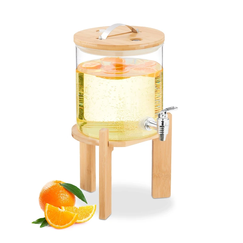Relaxdays Drinks Dispenser, 5 Litres, Cold & Hot Beverages, Bamboo Stand, Thermometer, Glass Punch Jar, Clear/Natural