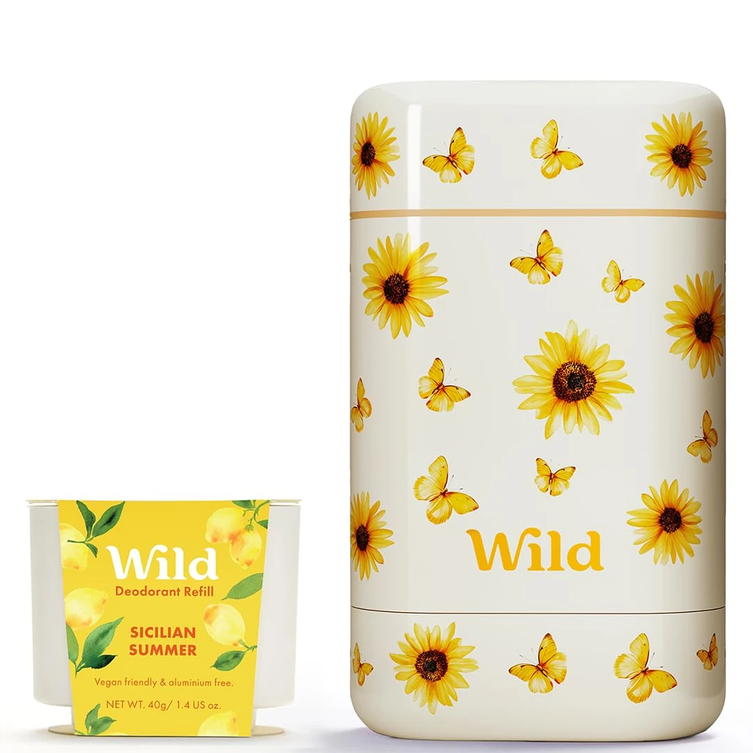 Wild Natural Refillable Deodorant Starter Kit - Limited Edition Sunflower Case with Sicilian Summer Scented Refill (40g) - Aluminium Free - Long Lasting Protection - Vegan