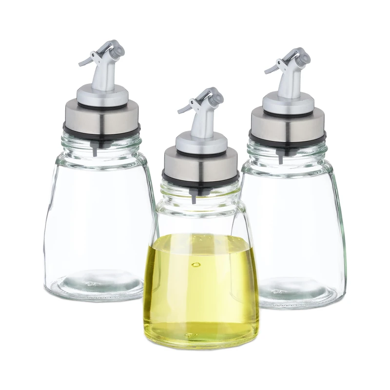 Relaxdays Glass Oil Bottles, Set of 3, Vinegar Dispenser, Airtight, Drip-Free Stainless Steel Pourer, Refillable, Clear