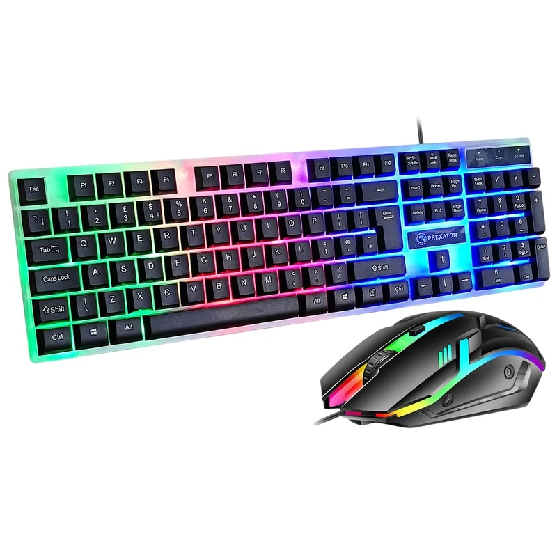 JUSTOP USB Wired Keyboard and Mouse Set, Luminous LED Lights, Full Size Slim Keyboard, LED Gaming Mouse, Game or Business, UK Layout, For PC, Laptop, Windows And Mac, PS4, PS5, Xbox One etc