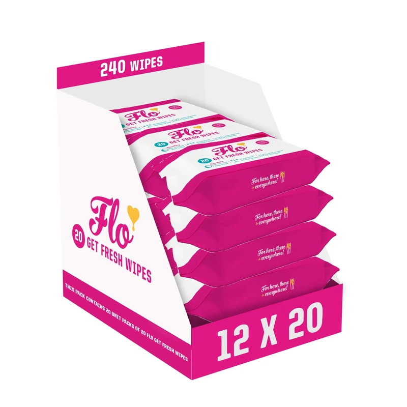 Flo - Get Fresh Wipes (20 Count, Pack of 12) pH Balanced Feminine Wipes - Super Soft, Soothing Aloe Vera, Coconut, Shea Butter - Sensitive Skin Friendly - Made with Plant Cellulose - Vegan Friendly