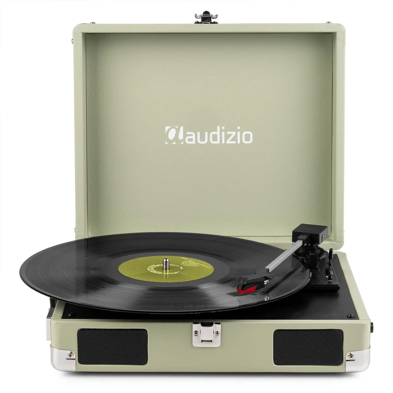 Audizio RP111G Briefcase Record Player Green – Retro Portable Vinyl Player with Built-in Full-Range Stereo Speakers, 3-Speed Turntable, Headphone & RCA Output, Green PU Finish