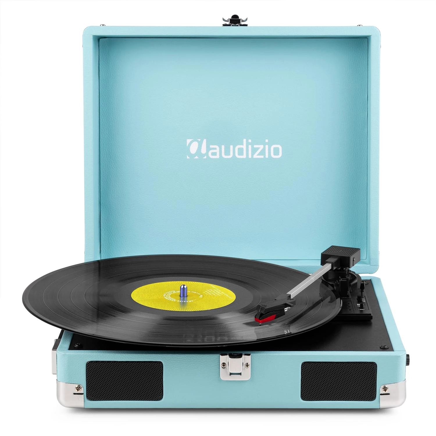 Audizio RP111BL Briefcase Record Player, Blue – 3-Speed Retro Turntable with Built-In Stereo Speakers, Portable Vinyl Player, Home Audio, RCA, Headphone Out, Plays 7/10/12 Inch Records, Leather-Look