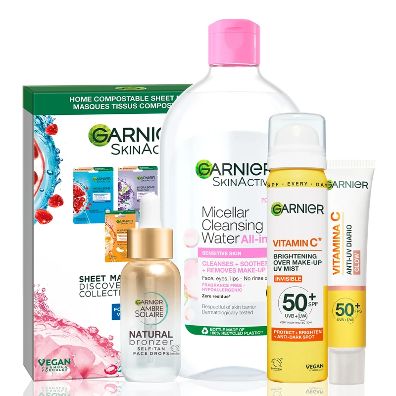 Mrs Hinch's Approved Garnier Skincare Saviours Mega Bundle; Vit C UV Fluid Glow, Micellar Water 700ml, Vit C Over Make-Up UV Mist, Sheet Mask Discovery Collection, Natural Bronzer Self Tan Drops - Image 1
