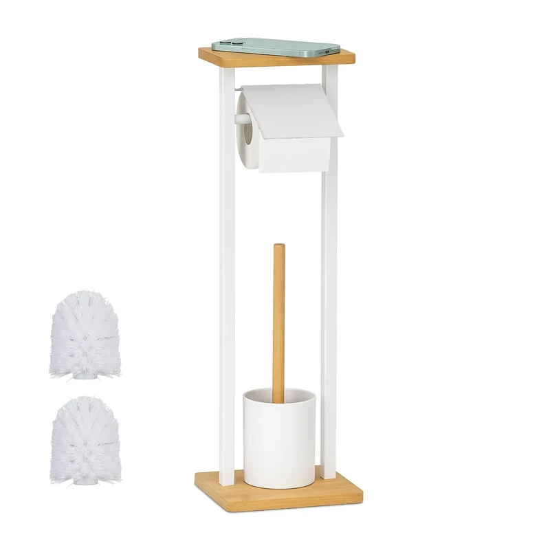 Relaxdays toilet set, shelf, freestanding, HWD: 73.5x20x20 cm, 2 replacement brushes, roll holder & brush, white/natural