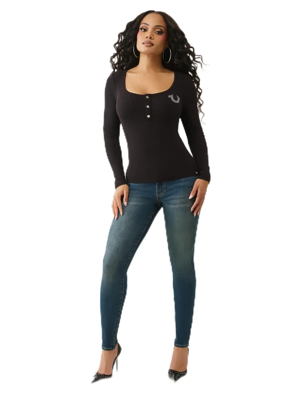 True Religion Women's Ribbed Henley, Black, L