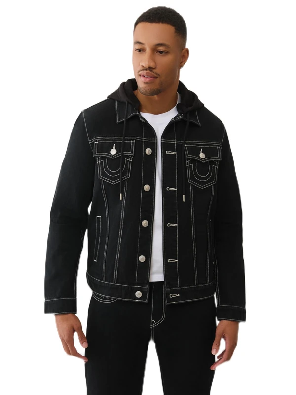 True Religion Men's Jesse Trucker Hoodie Jacket, Black, XL - Image 1