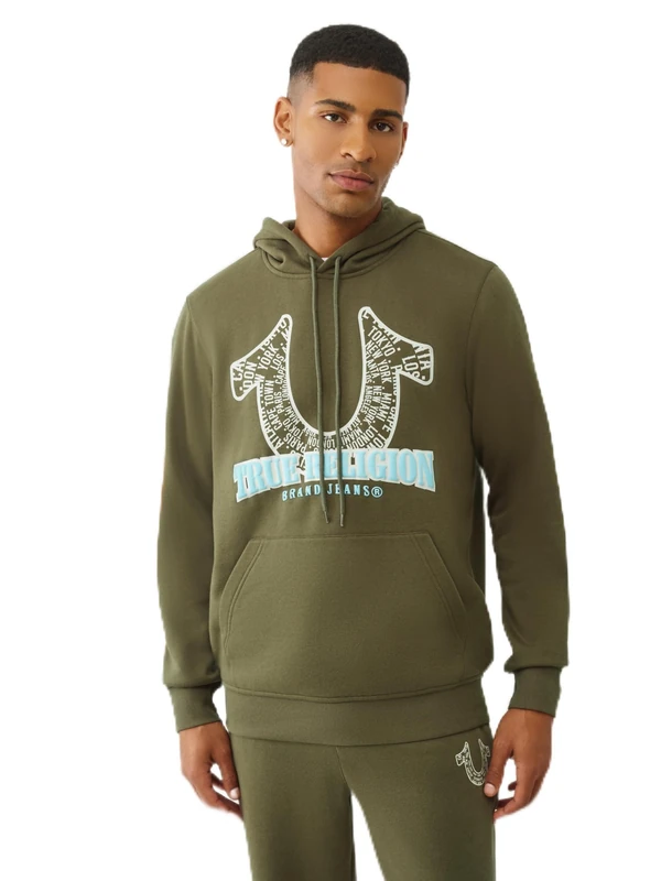 True Religion Men's Spiral Horseshoe Pullover Hoodie, Green, XL