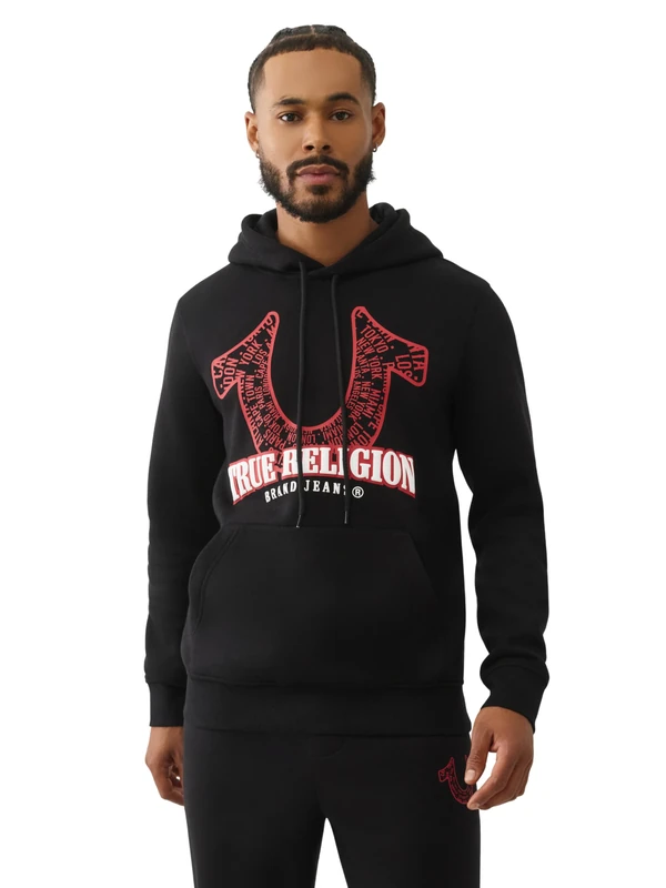 True Religion Men's Spiral Horseshoe Pullover Hoodie, Black, L