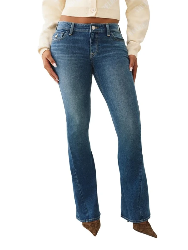True Religion Women's Joey Single Needle Mid Rise Flap Flare, Blue, 28