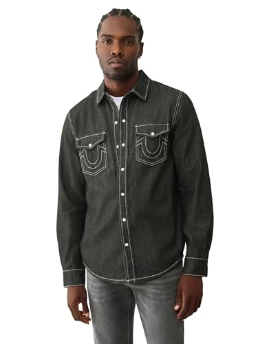 True Religion Men's Black Chambray Logo Long Sleeve, Black, L