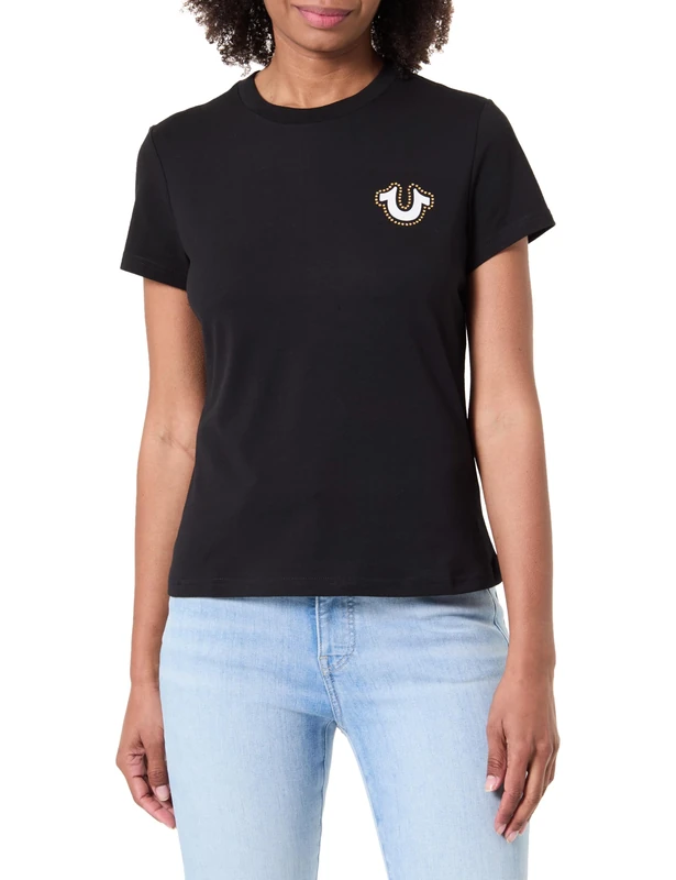 True Religion Women's Buddha Face Short Sleeve Crew Tee, Black, M - Image 1