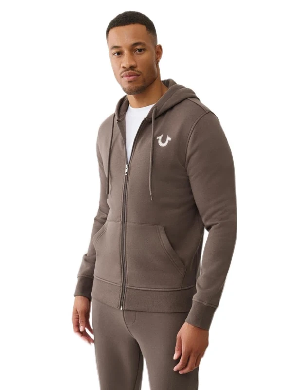 True Religion Men's True Embroidered Zip Hoodie, Brown, M