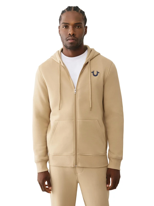 True Religion Men's True Embroidered Zip Hoodie, Beige, L