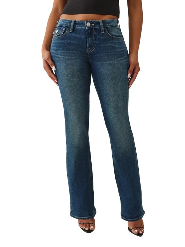 True Religion Women's Becca Single Needle Mid Rise Flap Bootcut, Blue, 24